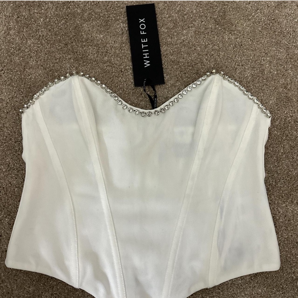 White Fox White Corset Top with Rhinestone Trim
